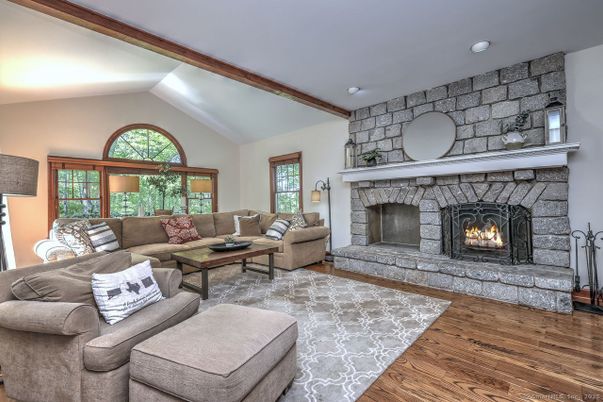 Fireplace, Interior, Living room, Stone Walls, Wooden Beams, Wood Texture Flooring