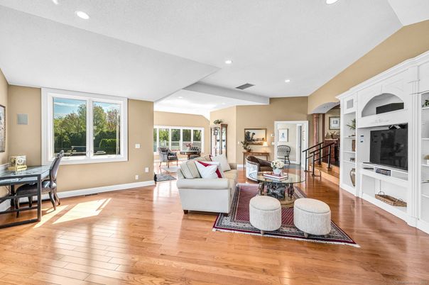 Dining room, Interior, Living room, Recessed Lighting, Wood Texture Flooring