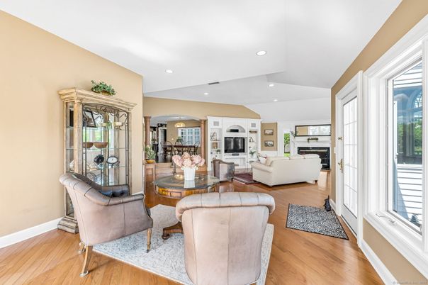 Fireplace, Interior, Living room, Recessed Lighting, Wood Texture Flooring