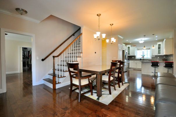 Dining room, Interior, Kitchen, Pendant Lights, Recessed Lighting, Wood Texture Flooring