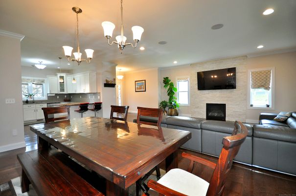 Dining room, Fireplace, Interior, Kitchen, Living room, Pendant Lights, Recessed Lighting, Wood Texture Flooring