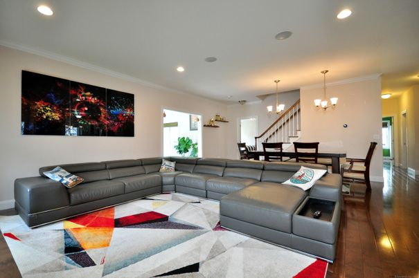 Dining room, Interior, Living room, Pendant Lights, Recessed Lighting, Wood Texture Flooring