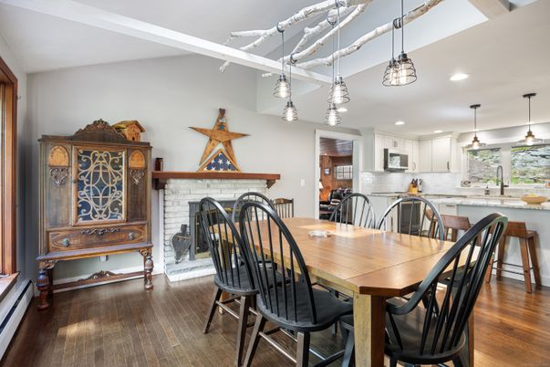 Dining room, Fireplace, Interior, Kitchen, Pendant Lights, Recessed Lighting, Wood Texture Flooring