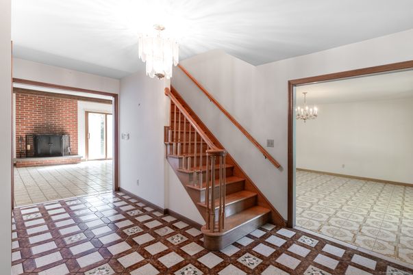 Chandelier, Empty room, Fireplace, Interior, Stone Walls