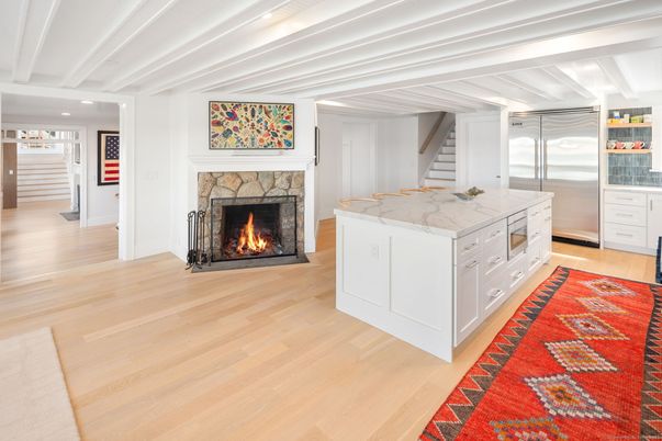 Fireplace, Interior, Kitchen, Recessed Lighting, Wood Texture Flooring