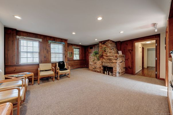 Fireplace, Interior, Recessed Lighting, Stone Walls, Wooden Walls