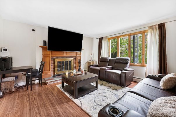 Dining room, Fireplace, Interior, Living room, Wood Texture Flooring