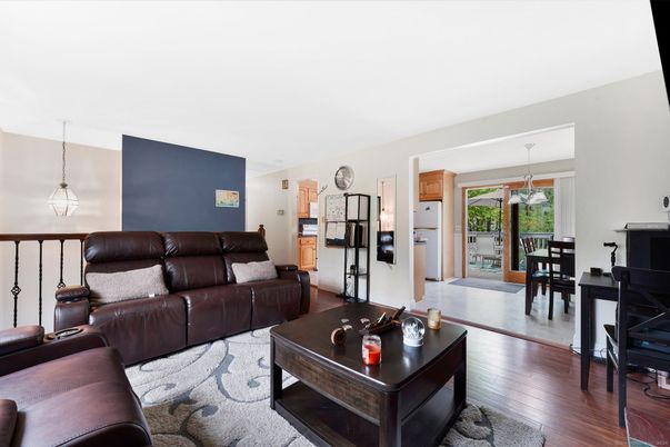 Dining room, Interior, Kitchen, Living room, Pendant Lights, Stainless Steel Appliances, Wood Texture Flooring