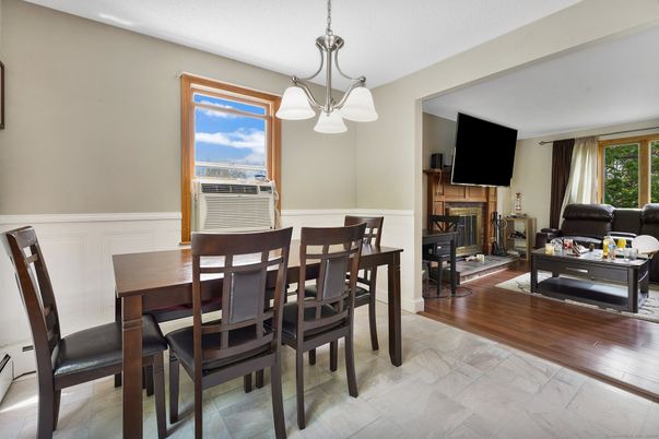 Dining room, Fireplace, Interior, Living room, Pendant Lights, Wood Texture Flooring