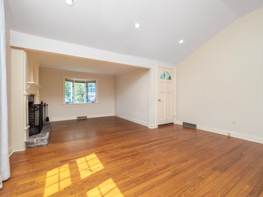Empty room, Fireplace, Interior, Recessed Lighting, Wood Texture Flooring