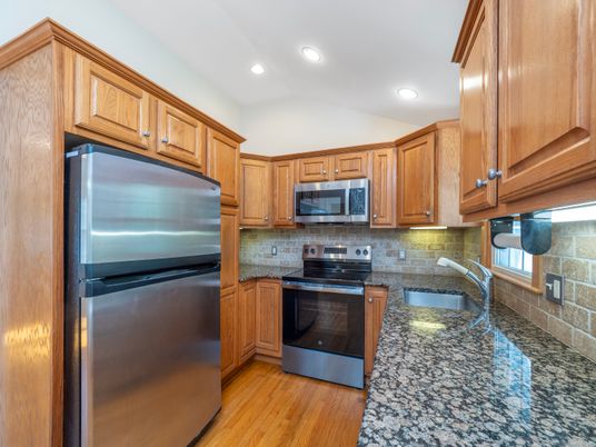 Interior, Kitchen, Recessed Lighting, Stainless Steel Appliances, Wood Texture Flooring