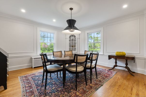 Dining room, Interior, Pendant Lights, Recessed Lighting, Wood Texture Flooring