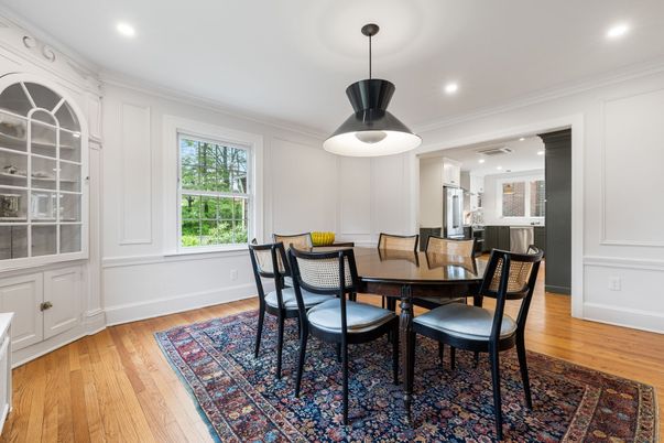 Dining room, Interior, Pendant Lights, Recessed Lighting, Wood Texture Flooring