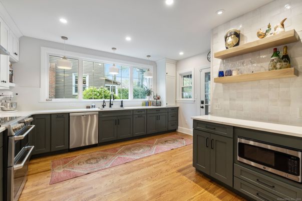 Interior, Kitchen, Pendant Lights, Recessed Lighting, Stainless Steel Appliances, Wood Texture Flooring