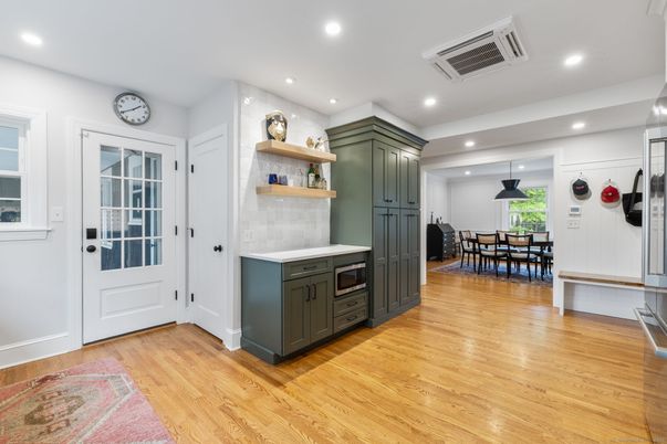 Dining room, Interior, Recessed Lighting, Wood Texture Flooring