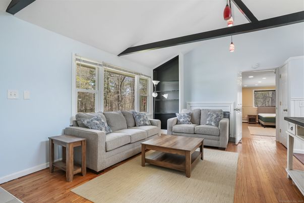 Interior, Living room, Pendant Lights, Recessed Lighting, Wooden Beams, Wood Texture Flooring