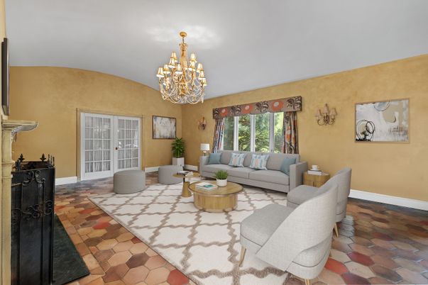 Chandelier, Fireplace, Interior, Living room
