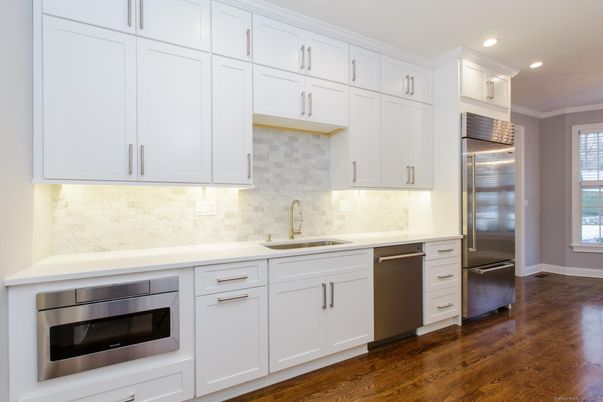 Interior, Kitchen, Recessed Lighting, Stainless Steel Appliances, Wood Texture Flooring