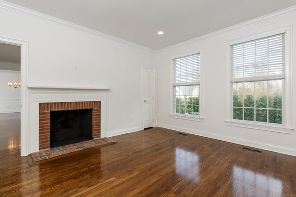 Empty room, Fireplace, Interior, Recessed Lighting, Wood Texture Flooring