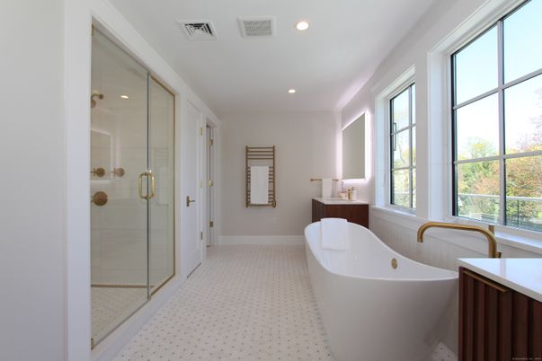 Bathroom, Free Standing Baths, Glass Shower, Interior, Recessed Lighting