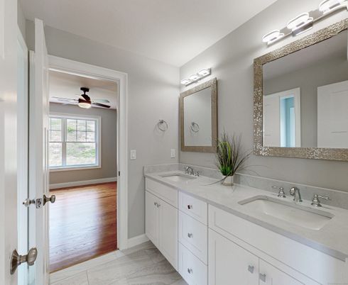 Bathroom, Dual Sink Vanities, Interior, Marble, Wood Texture Flooring