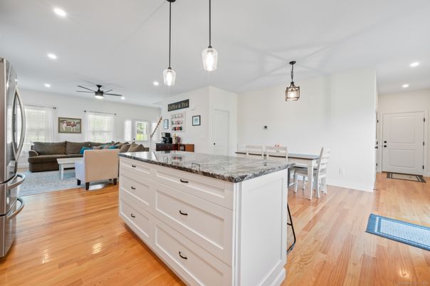 Dining room, Interior, Kitchen, Living room, Pendant Lights, Recessed Lighting, Wood Texture Flooring