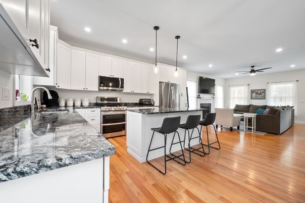 Interior, Kitchen, Living room, Pendant Lights, Recessed Lighting, Stainless Steel Appliances, Wood Texture Flooring