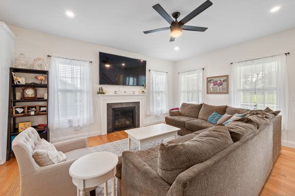 Fireplace, Interior, Living room, Recessed Lighting, Wood Texture Flooring