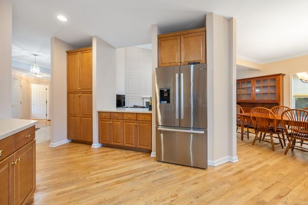 Dining room, Interior, Kitchen, Pendant Lights, Recessed Lighting, Stainless Steel Appliances, Wood Texture Flooring