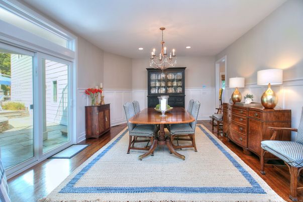 Chandelier, Dining room, Fireplace, Interior, Recessed Lighting, Wood Texture Flooring