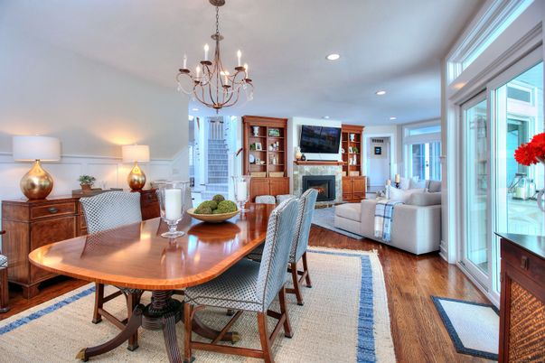 Chandelier, Dining room, Fireplace, Interior, Living room, Recessed Lighting, Wood Texture Flooring