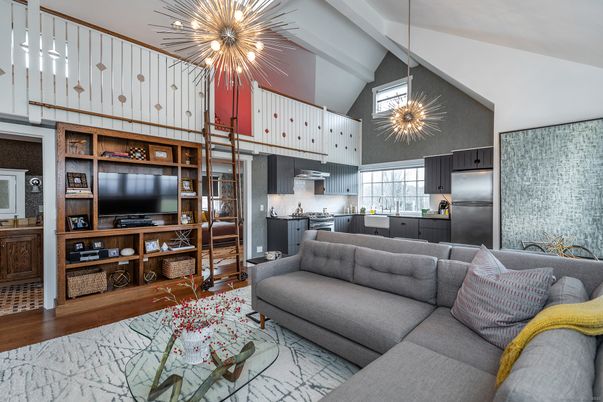 Interior, Kitchen, Living room, Pendant Lights, Stainless Steel Appliances, Wood Texture Flooring