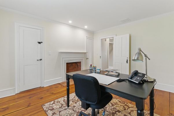 Fireplace, Home Office, Interior, Recessed Lighting, Wood Texture Flooring