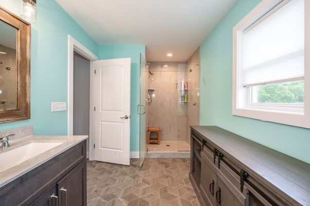 Bathroom, Glass Shower, Interior, Recessed Lighting