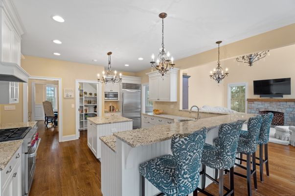 Chandelier, Interior, Kitchen, Recessed Lighting, Stainless Steel Appliances, Wood Texture Flooring