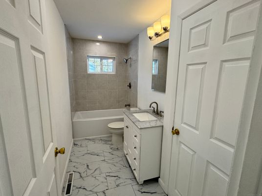 Bathroom, Dual Sink Vanities, Interior, Marble, Recessed Lighting