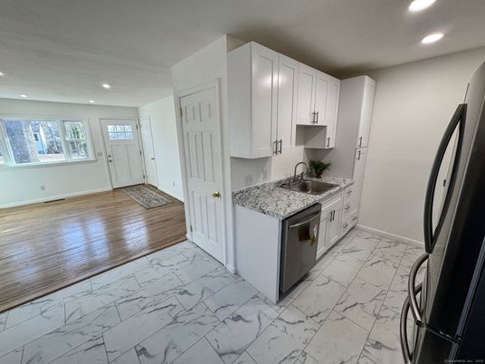 Interior, Kitchen, Marble, Recessed Lighting, Wood Texture Flooring