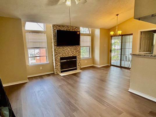 Chandelier, Empty room, Fireplace, Interior, Wood Texture Flooring