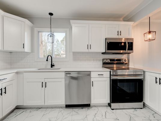 Interior, Kitchen, Marble, Pendant Lights, Stainless Steel Appliances
