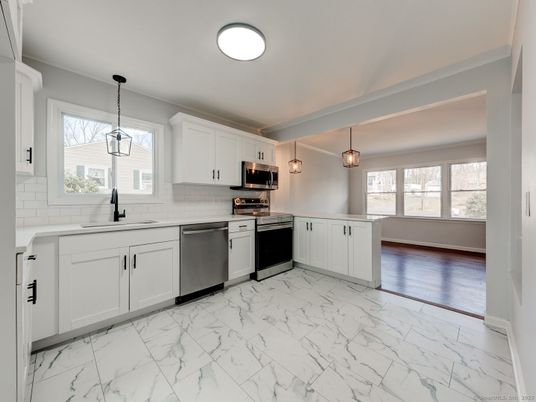Interior, Kitchen, Marble, Pendant Lights, Stainless Steel Appliances