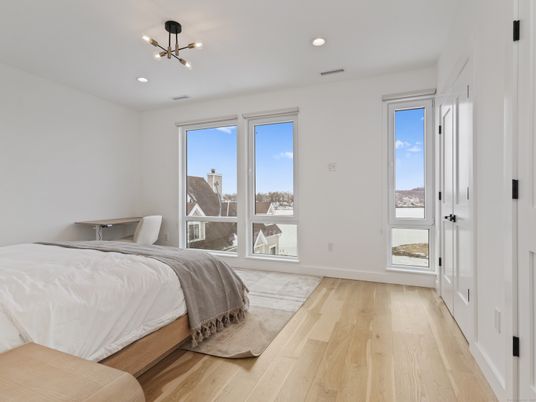 Bedroom, Interior, Pendant Lights, Recessed Lighting, Wood Texture Flooring