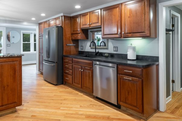 Interior, Kitchen, Recessed Lighting, Stainless Steel Appliances, Wood Texture Flooring