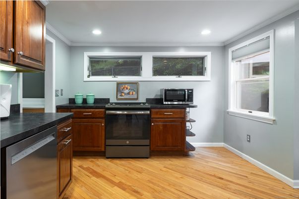 Interior, Kitchen, Recessed Lighting, Stainless Steel Appliances, Wood Texture Flooring