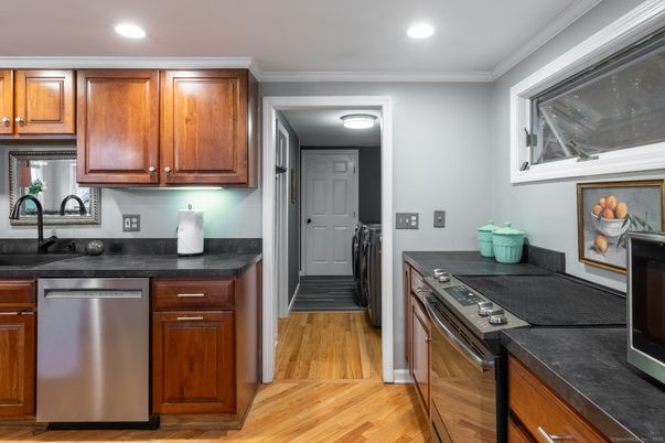 Interior, Kitchen, Recessed Lighting, Stainless Steel Appliances, Wood Texture Flooring
