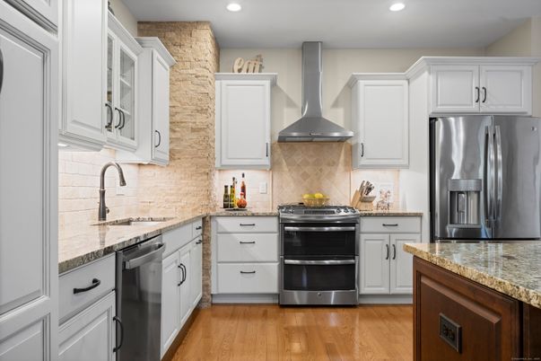Interior, Kitchen, Recessed Lighting, Stainless Steel Appliances, Wood Texture Flooring