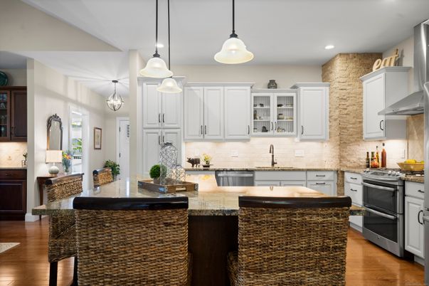 Chandelier, Interior, Kitchen, Pendant Lights, Recessed Lighting, Stainless Steel Appliances, Wood Texture Flooring
