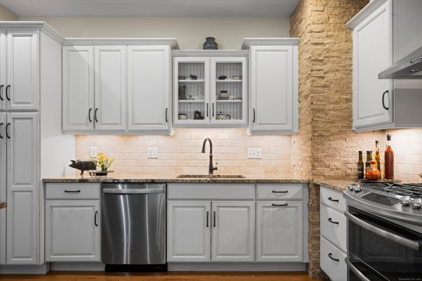 Interior, Kitchen, Stainless Steel Appliances, Stone Walls, Wood Texture Flooring