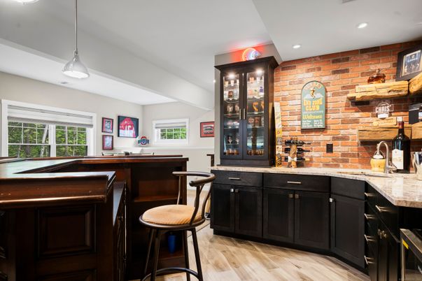 Interior, Pendant Lights, Recessed Lighting, Stone Walls, Wood Texture Flooring
