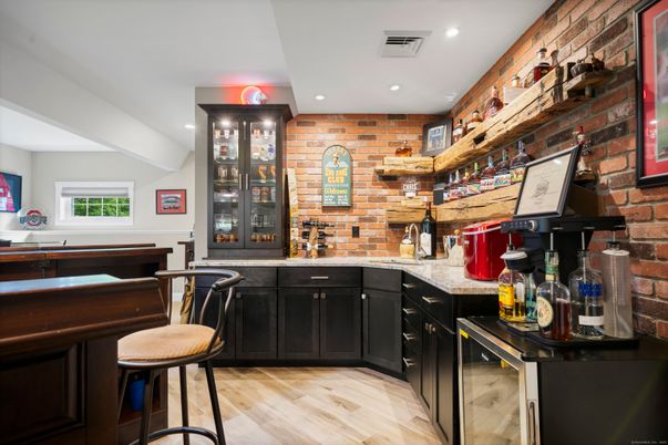 Game Room, Interior, Recessed Lighting, Stone Walls, Wood Texture Flooring