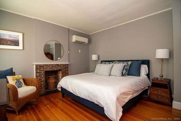 Bedroom, Fireplace, Interior, Wood Texture Flooring